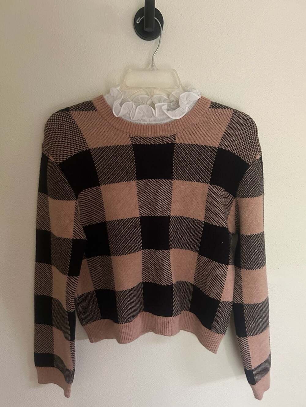 English Factory Plaid Knit Pullover Sweater with Ruffle Collar Size S